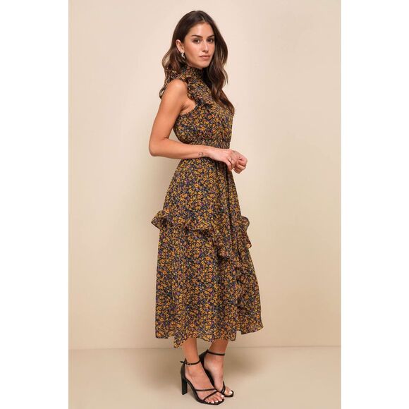 Lulus Midi Dress Evalina NEW Sleeveless Mustard Yellow Floral Print Mock Neck La - Picture 2 of 11